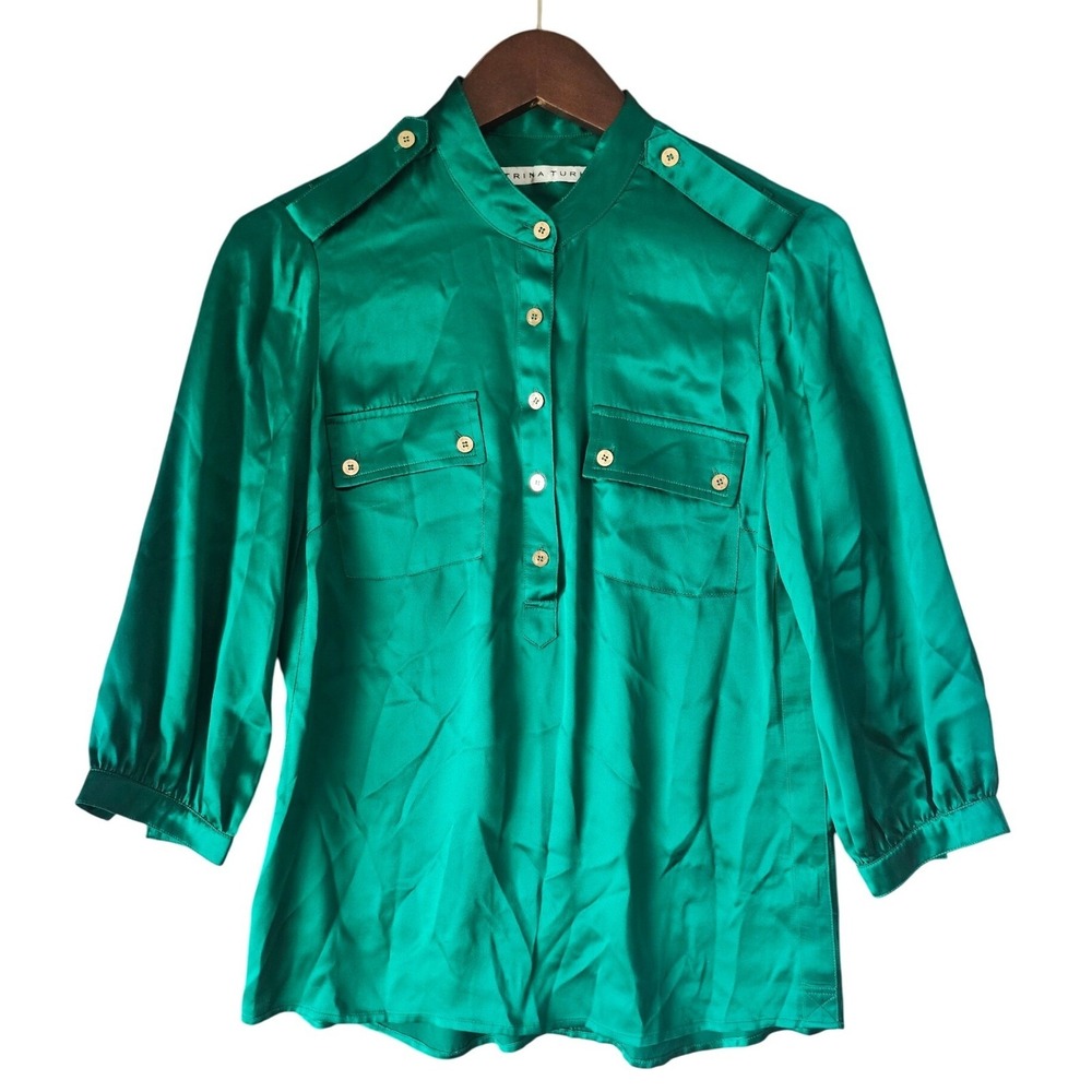 Trina‎ Turk Silk Green Blouse Gold Button Detail Career Casual Popover Size S